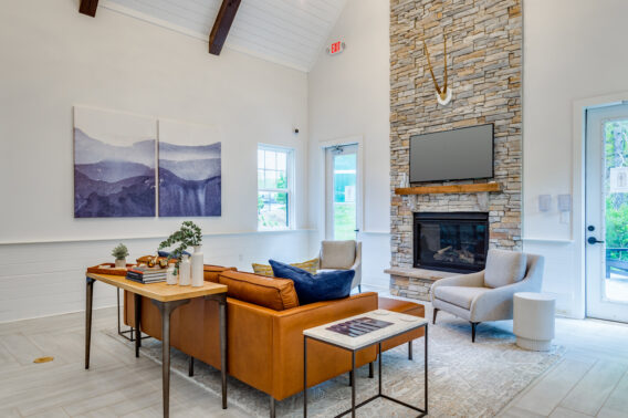 Resident lounge featuring a fireplace